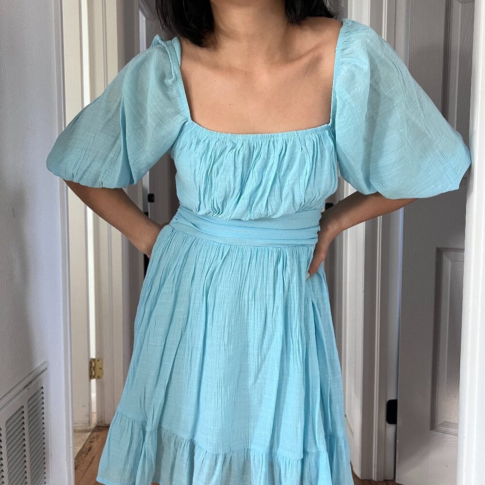 puff sleeve open back mini dress light blue princess costume summer vacation Med - Picture 9 of 15